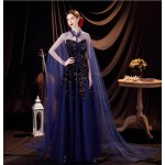 Brilliant starry sky, blue veil, queen's annual meeting, runway show, stage performance, host's wedding dress, evening gown