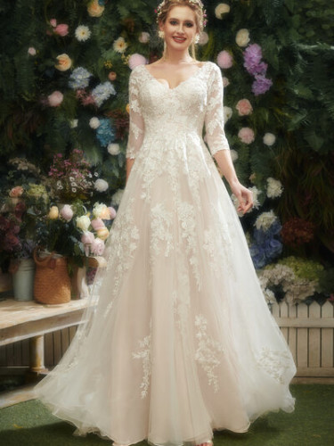 A-line V-Neck Court Train Lace Tulle Wedding Dress With Sequins